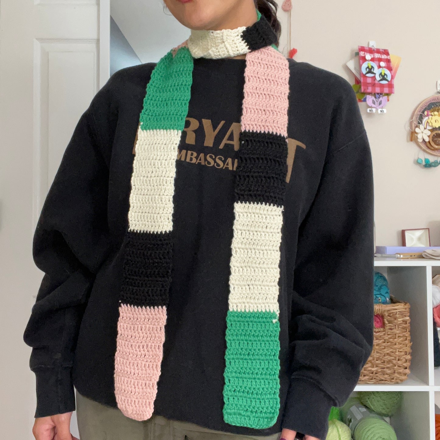 Green/Ivory/Black/Pink Skinny Scarf