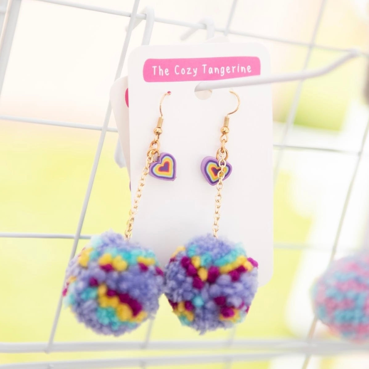 Purple Heart Pom Pom Earrings