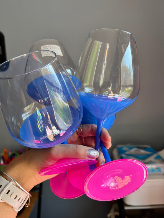 Set of 4 Blue + Magenta Wine Glasses