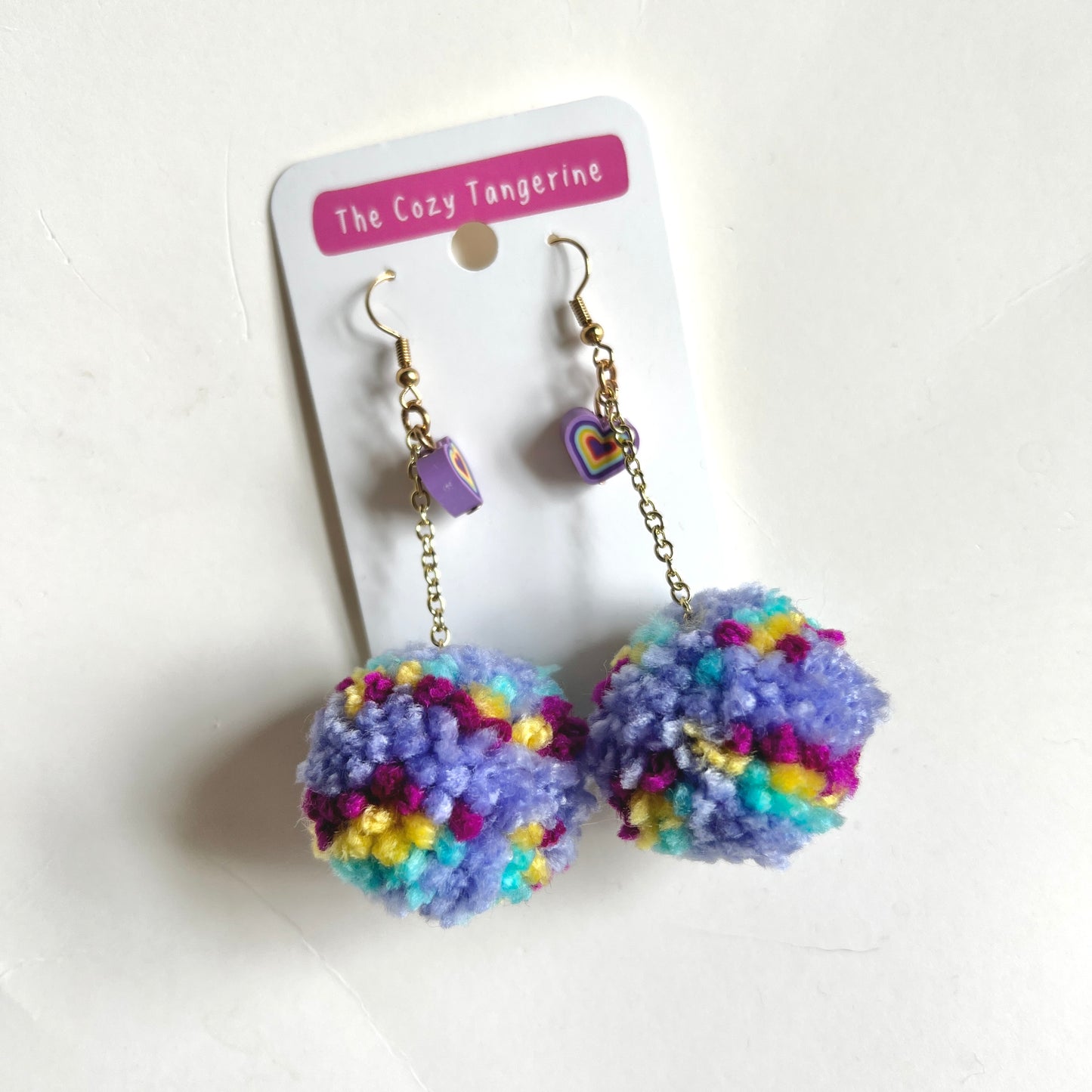 Purple Heart Pom Pom Earrings