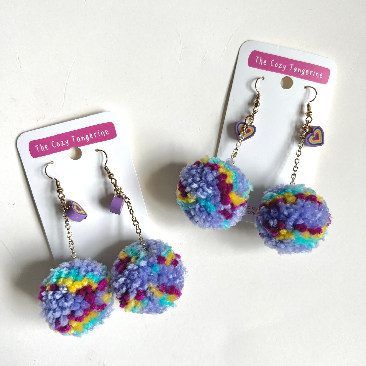 Purple Heart Pom Pom Earrings