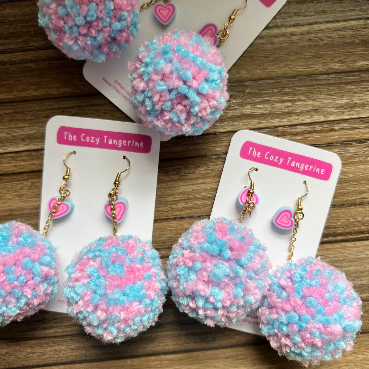 Cotton Candy Heart Pom Pom Earrings