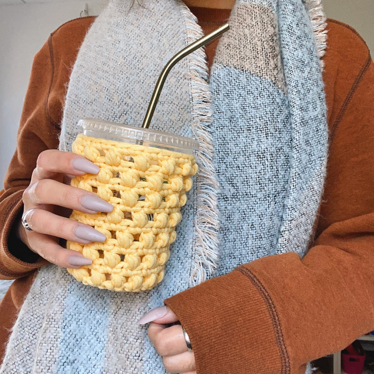 yellow iced coffee cozy. beverage koozie.
