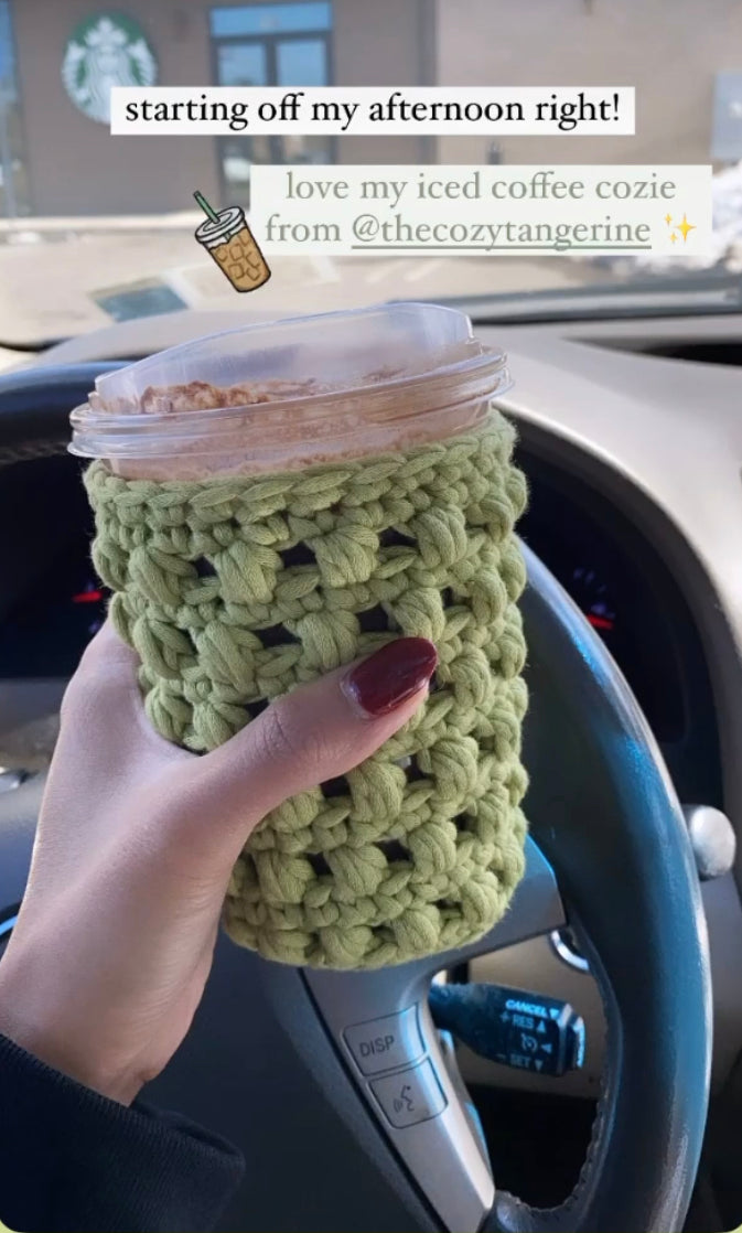 green iced coffee cozy. beverage koozie.