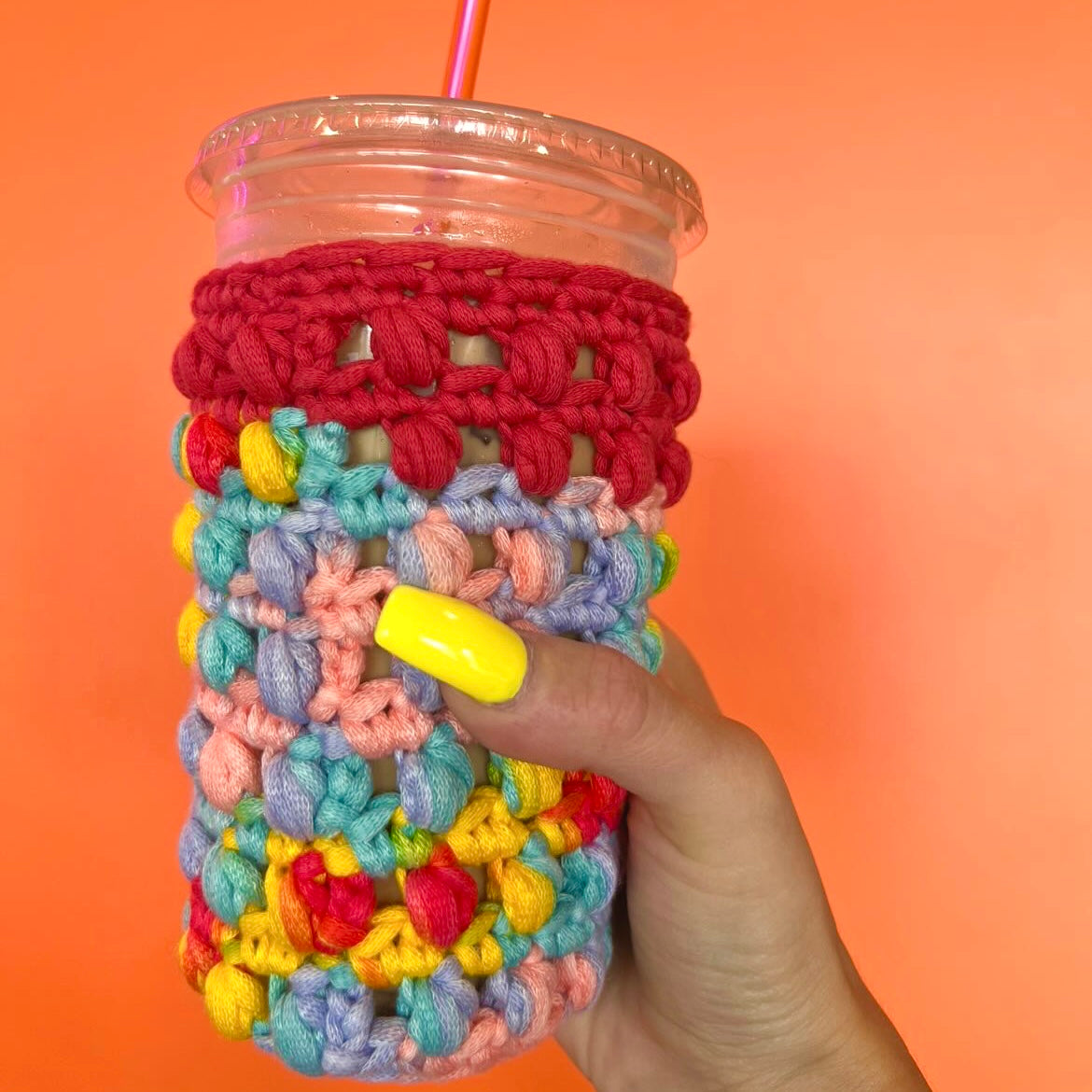 multicolor iced coffee cozy. beverage koozie.