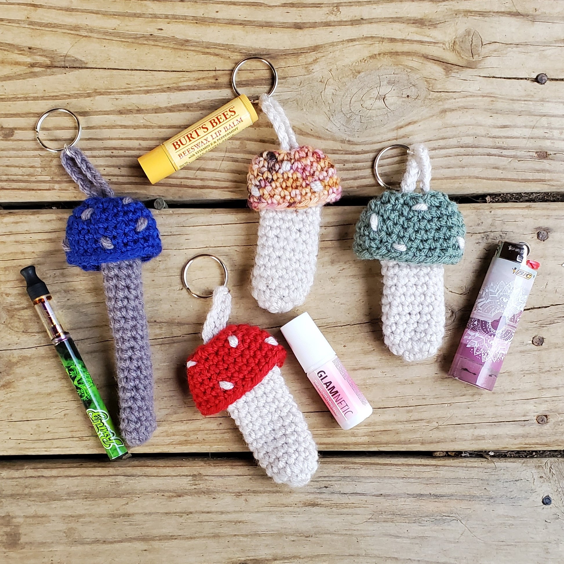 Mushroom Keychain Crochet Pattern Chapstick, Lighter, Vape Pen