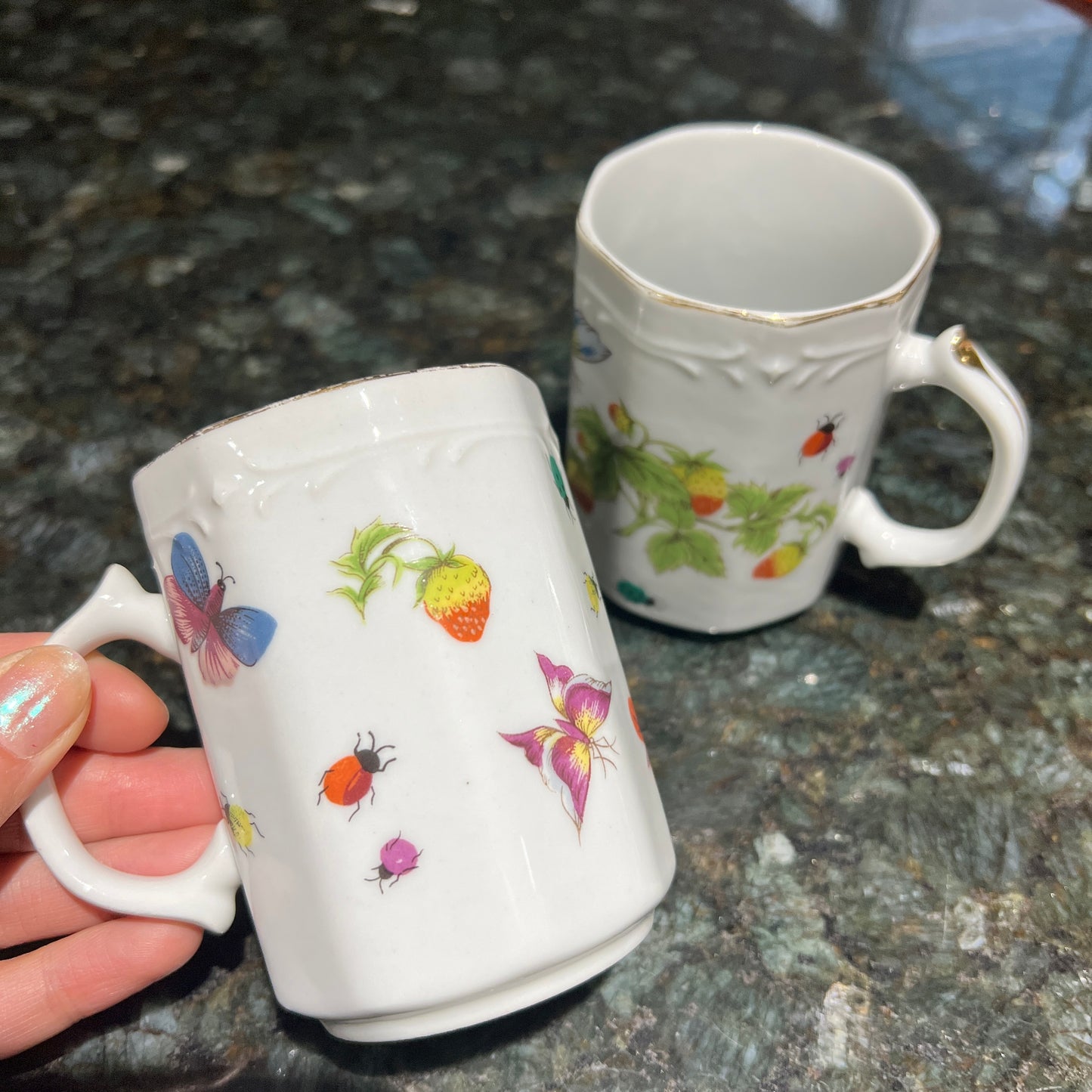 Vintage Linwile Ardalt Coffee/Tea Mugs - Set of 2 Butterfly Strawberry Ladybug Porcelain Cups with Gold