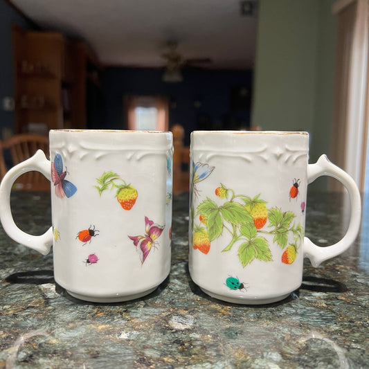 Vintage Linwile Ardalt Coffee/Tea Mugs - Set of 2 Butterfly Strawberry Ladybug Porcelain Cups with Gold