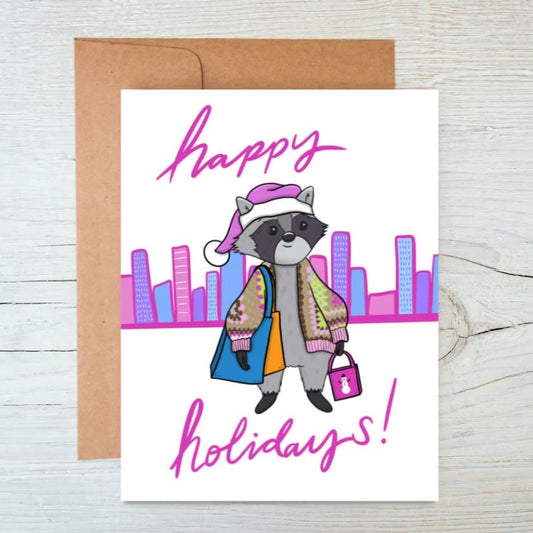 Racoon Shopping Holiday Greeting Card