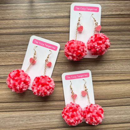 Pink + Red Heart Pom Pom Earrings