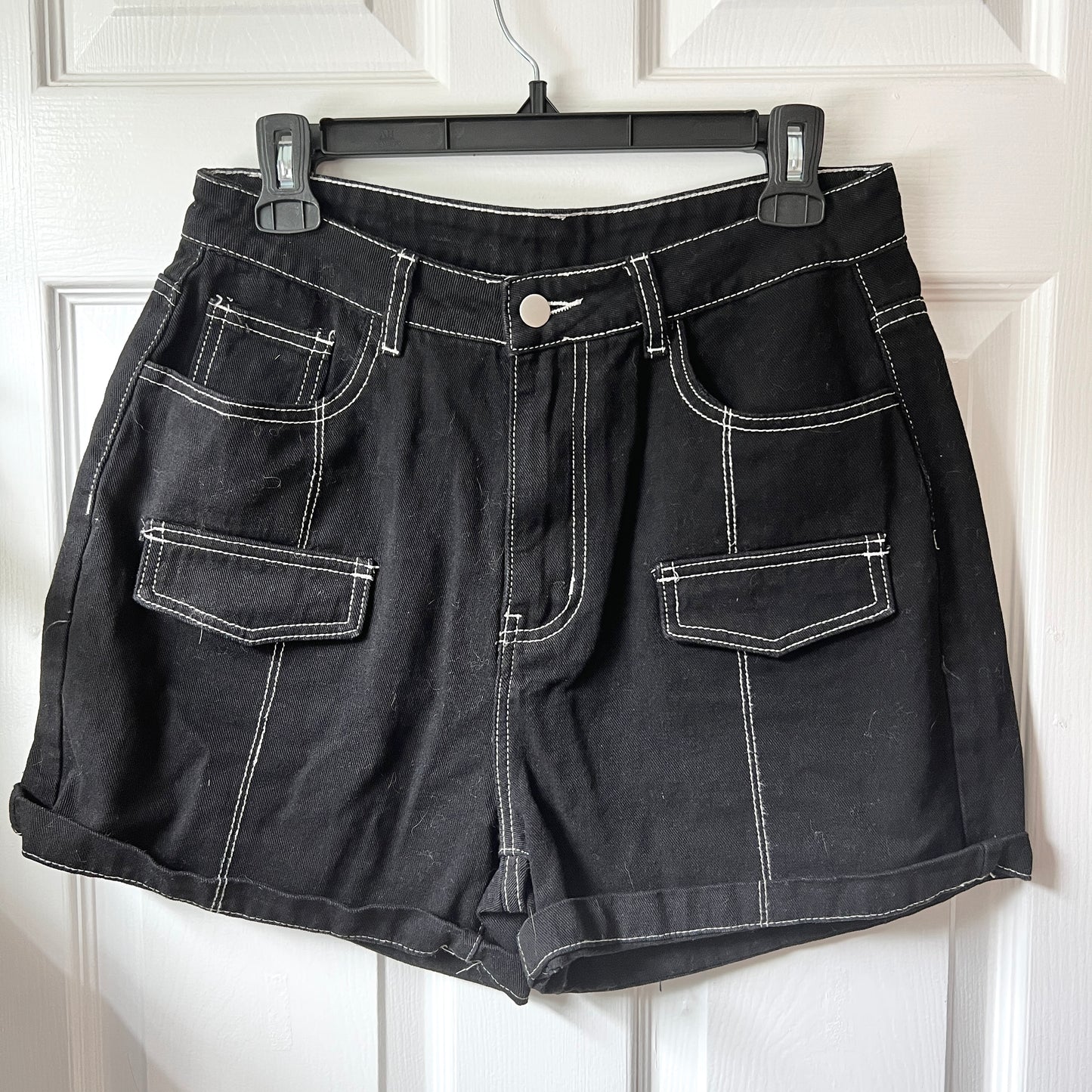 Teal Flower Black Denim Shorts (Size L)