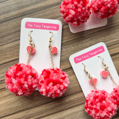Pink + Red Heart Pom Pom Earrings