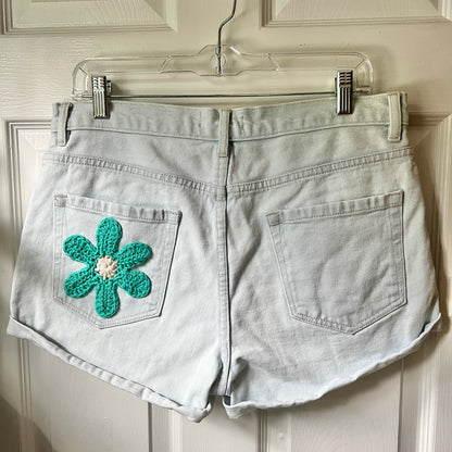 Teal Flower Denim Shorts (Size 8/30)