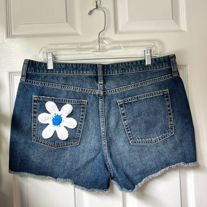 White Flower Denim Shorts (Size 12)