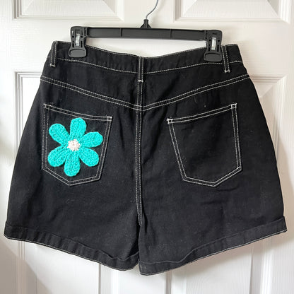 Teal Flower Black Denim Shorts (Size L)