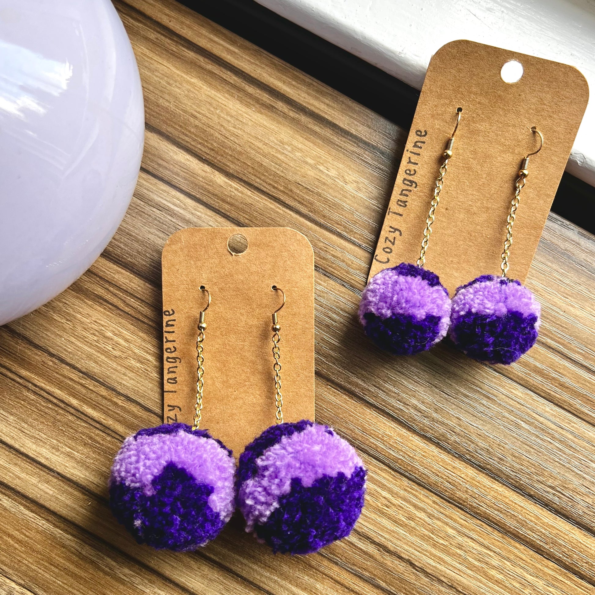 purple tie dye pom pom earrings