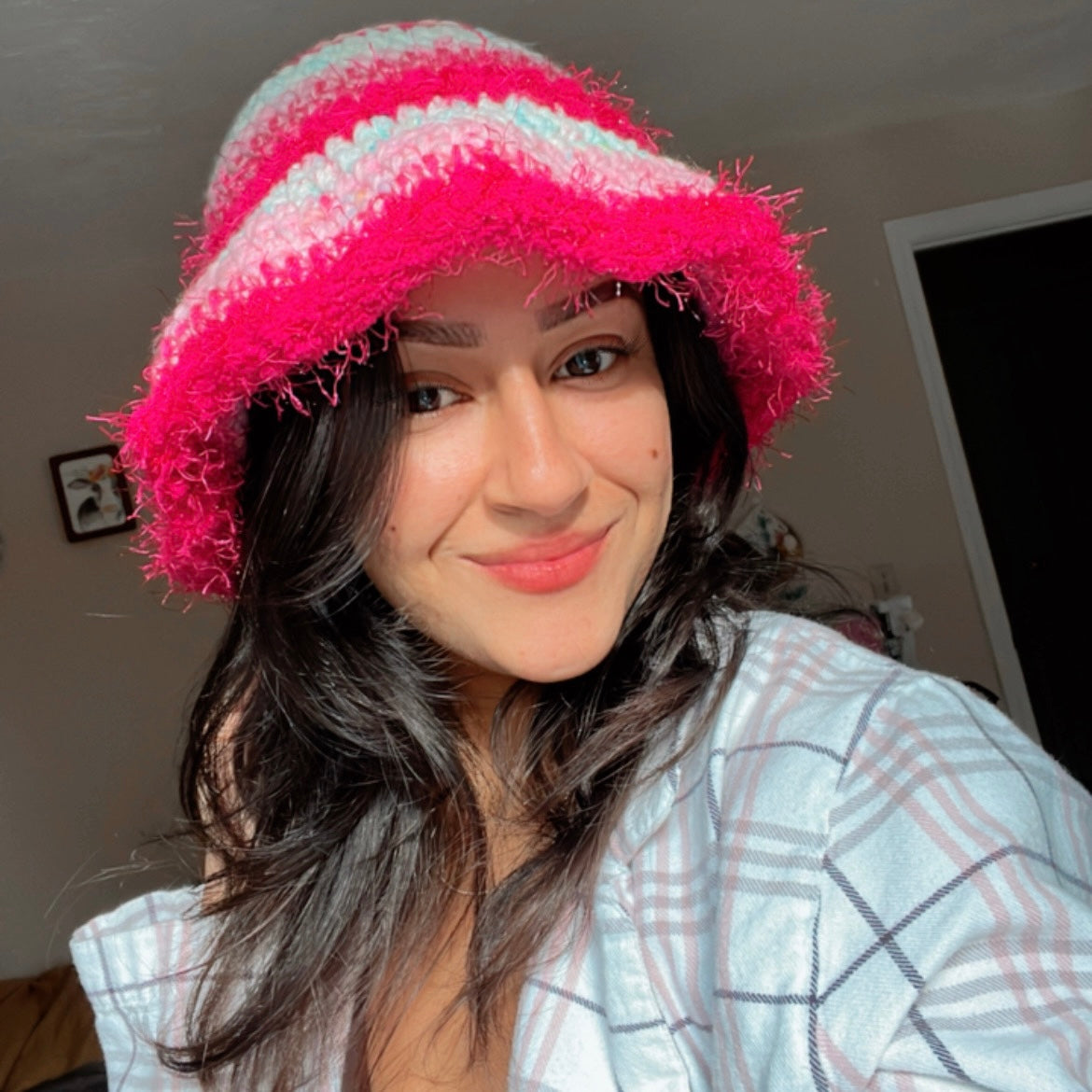 pink fuzzy womens bucket hat