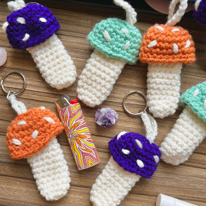 crochet mushroom keychains for holding and carrying chapstick, lighters, money, crystals