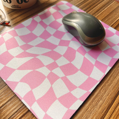 Pink Wavy Checkered Mouse Pad