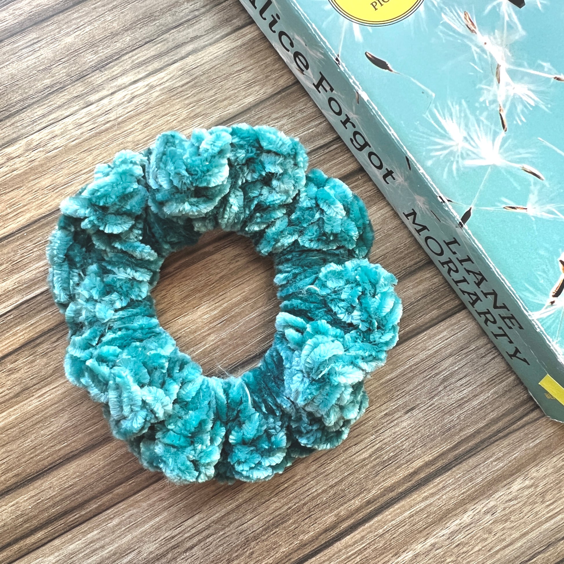 dark teal velvet crochet hair scrunchie