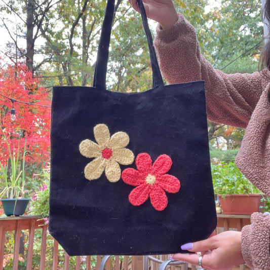 Black Retro Flower Tote Bag