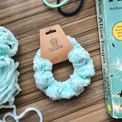 bleached aqua velvet crochet hair scrunchie