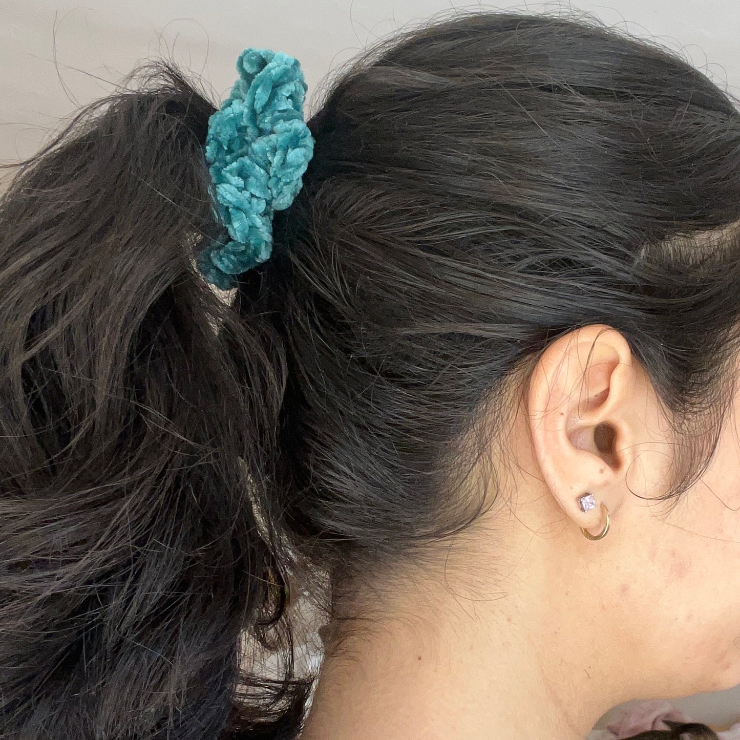 dark teal velvet crochet hair scrunchie