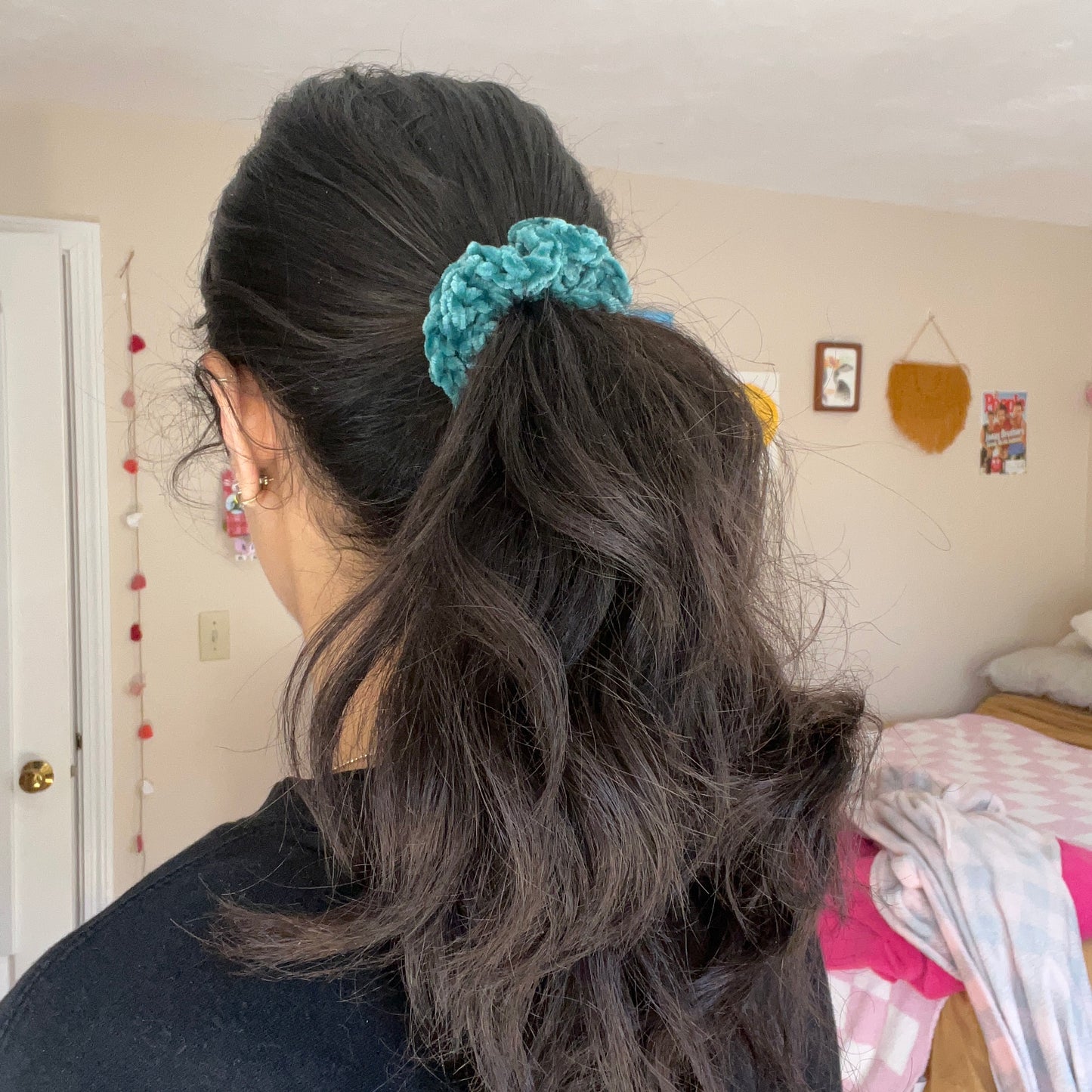dark teal velvet crochet hair scrunchie