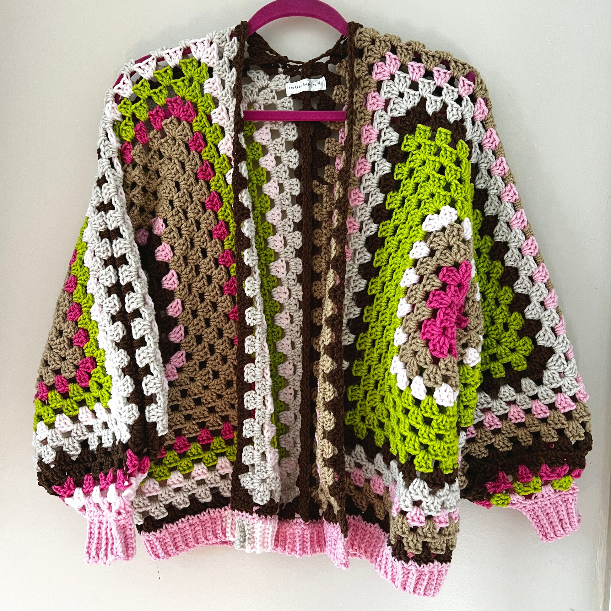 crochet granny stitch sweater. pink and green and brown balloon sleeve cardigan.