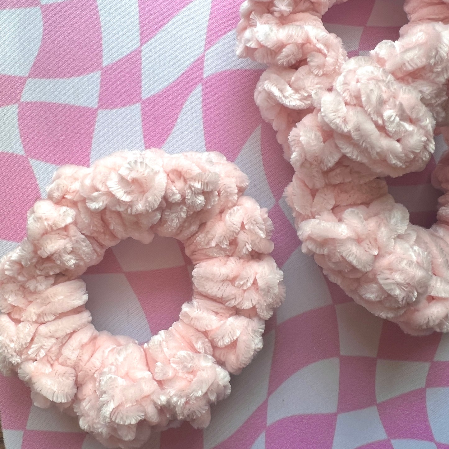 light pink velvet crochet hair scrunchie